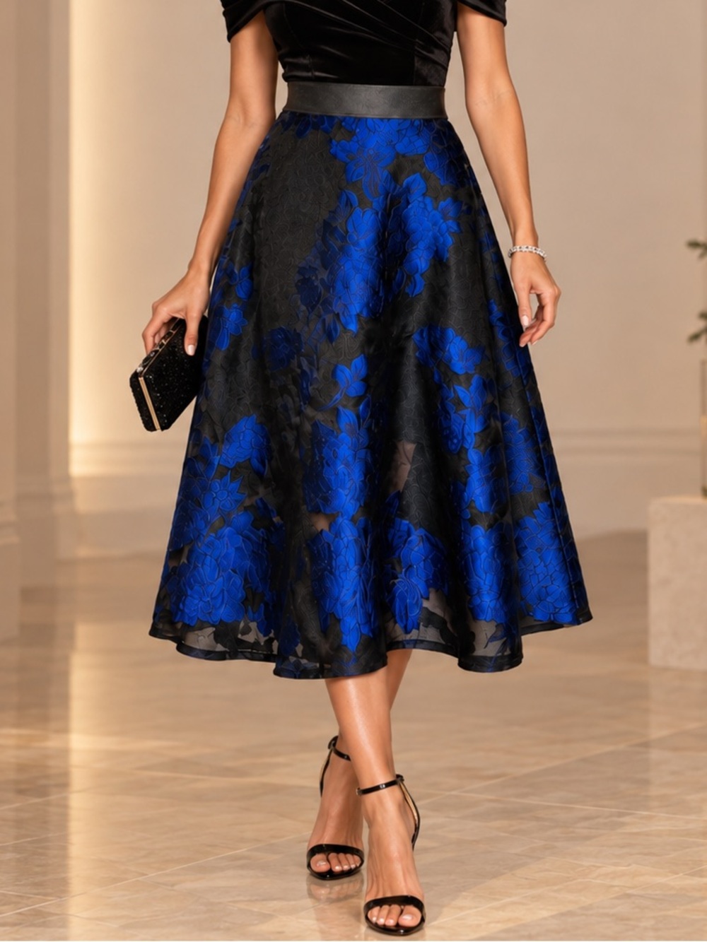 New York & Company Royal Blue Black Floral Jacquard A-Line Skirt | NEW | Size 6